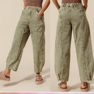 Olive Green Bohemian Casual Chic Barrel Jeans